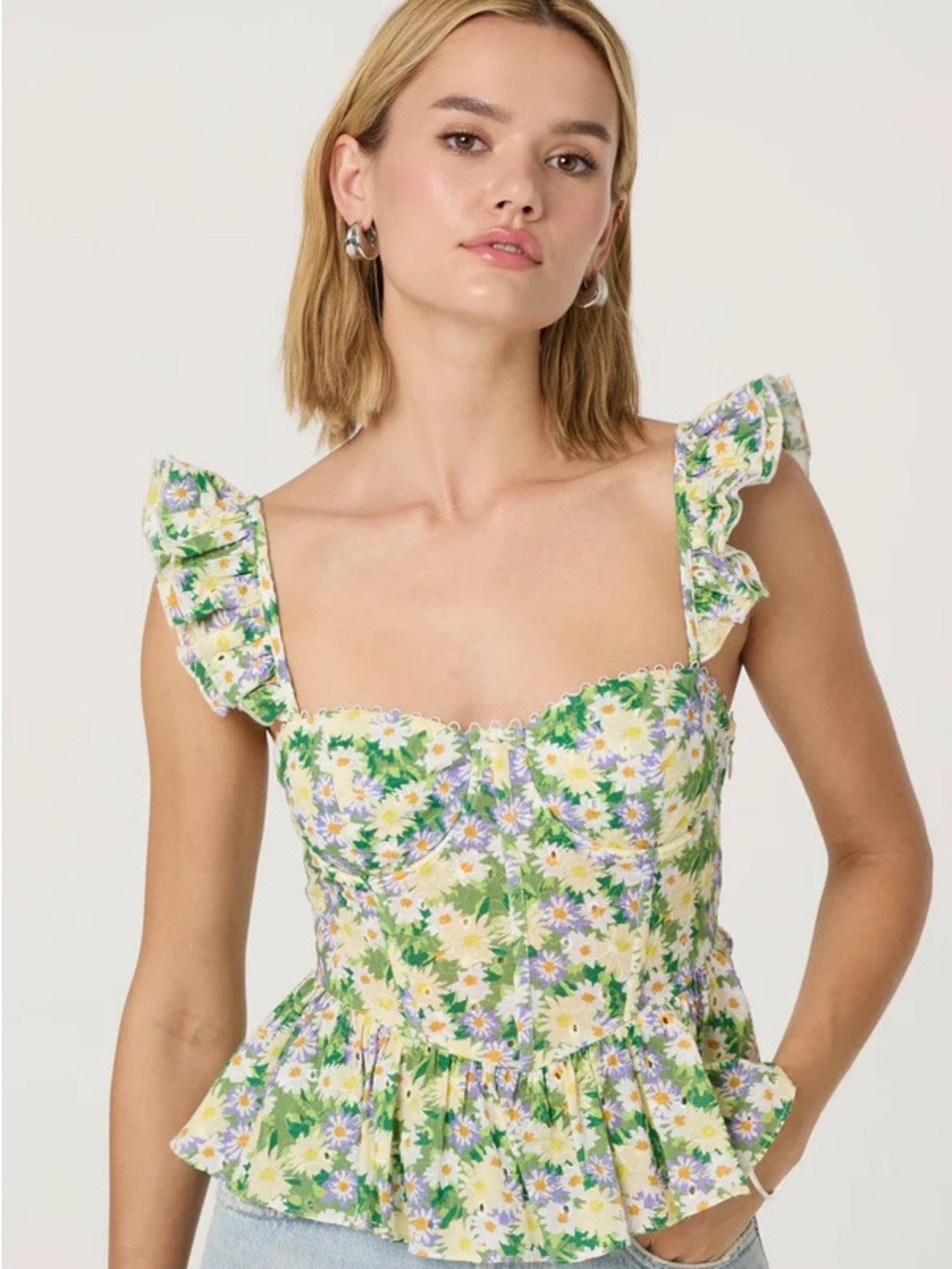 ASTR The Label Baylin Floral Eyelet Corset Back Flutter Strap Top Green Yellow S